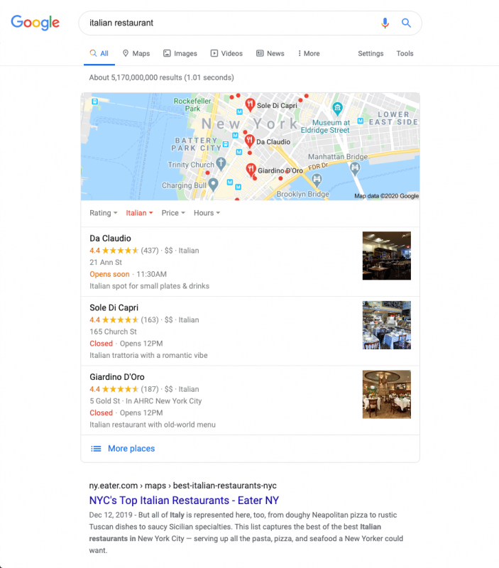 Ví dụ về kết quả tìm kiếm địa phương của Google cho “nhà hàng Ý”
