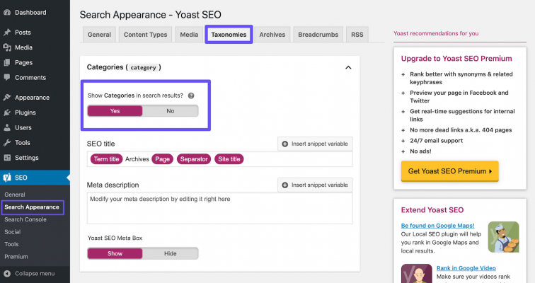 Yoast SEO Hiển thị danh mục trong cài đặt kết quả tìm kiếm